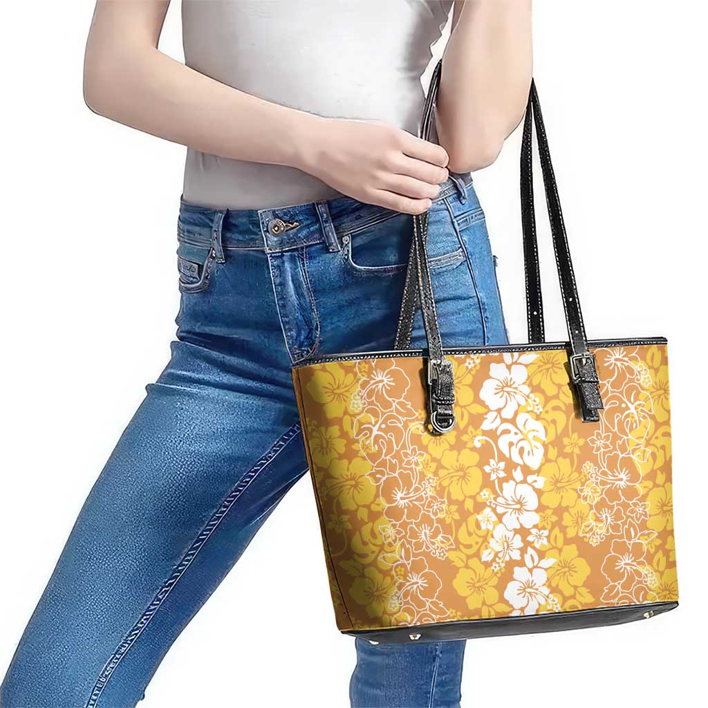 Hawaiian Lei Day Leather Tote Bag Gold Hibiscus Flowers Lei Art