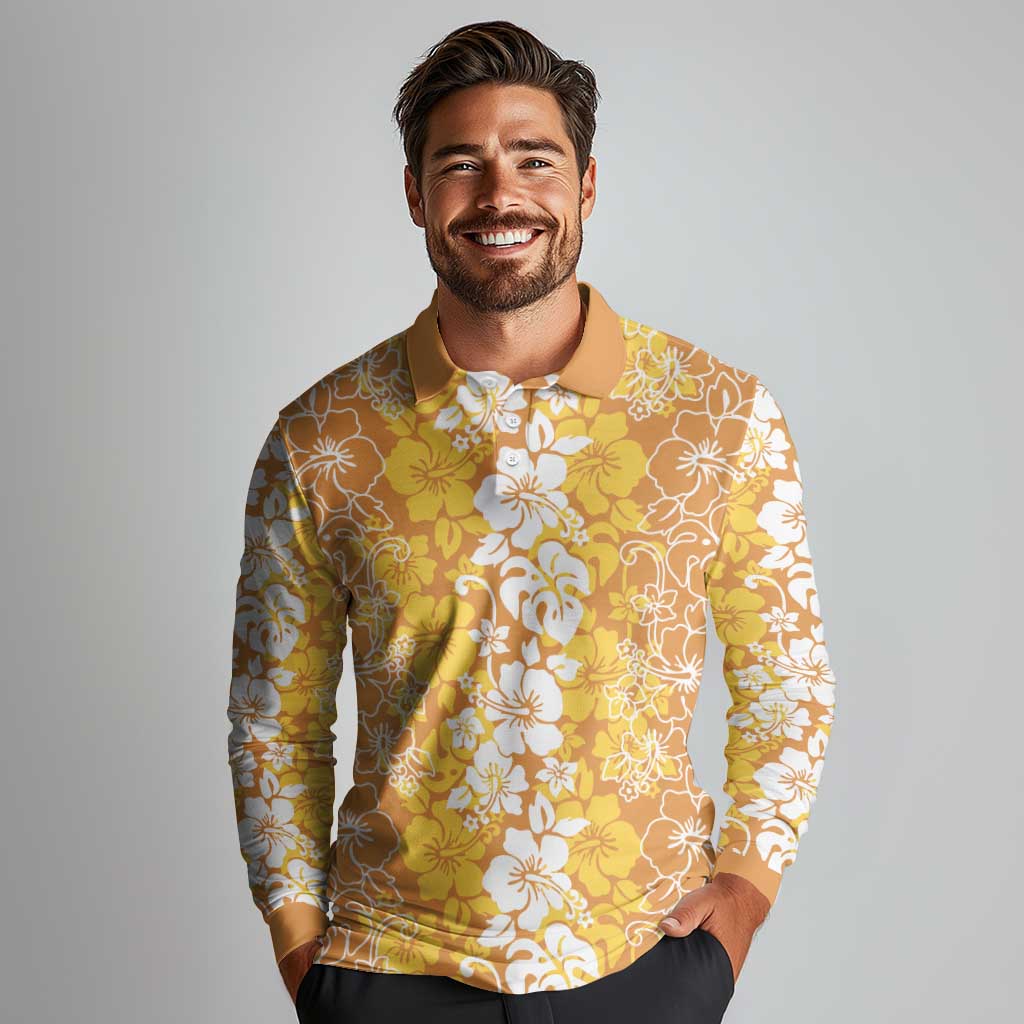 Hawaiian Lei Day Long Sleeve Polo Shirt Gold Hibiscus Flowers Lei Art