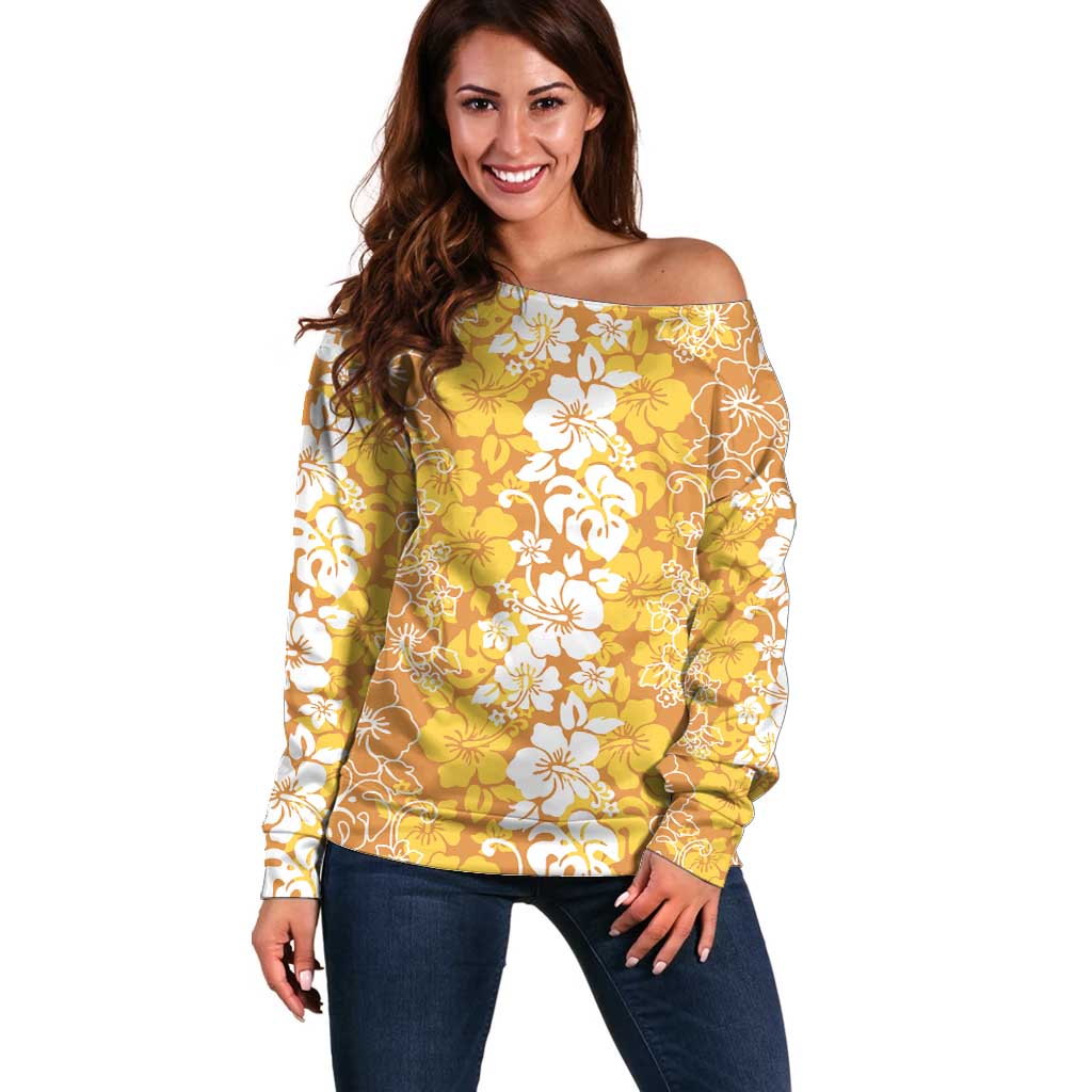 Hawaiian Lei Day Off Shoulder Sweater Gold Hibiscus Flowers Lei Art
