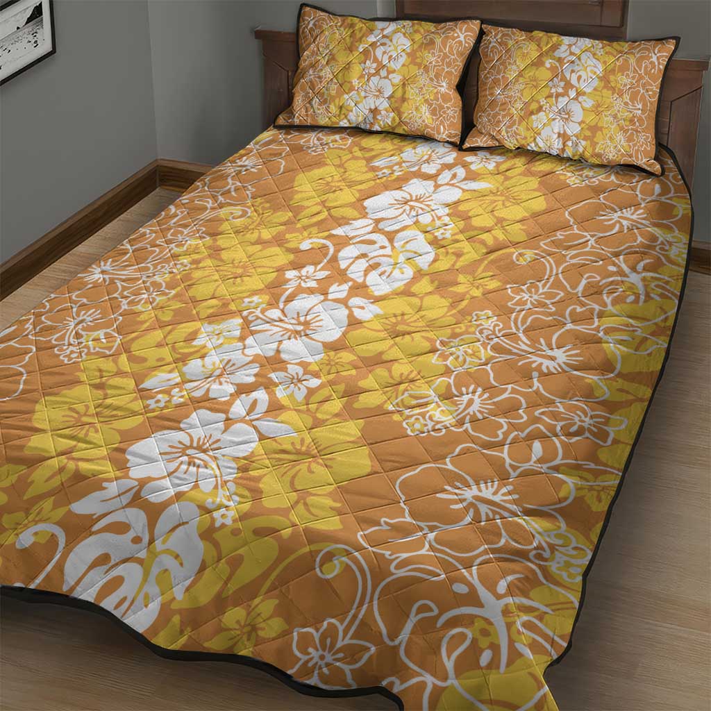 Hawaiian Lei Day Quilt Bed Set Gold Hibiscus Flowers Lei Art