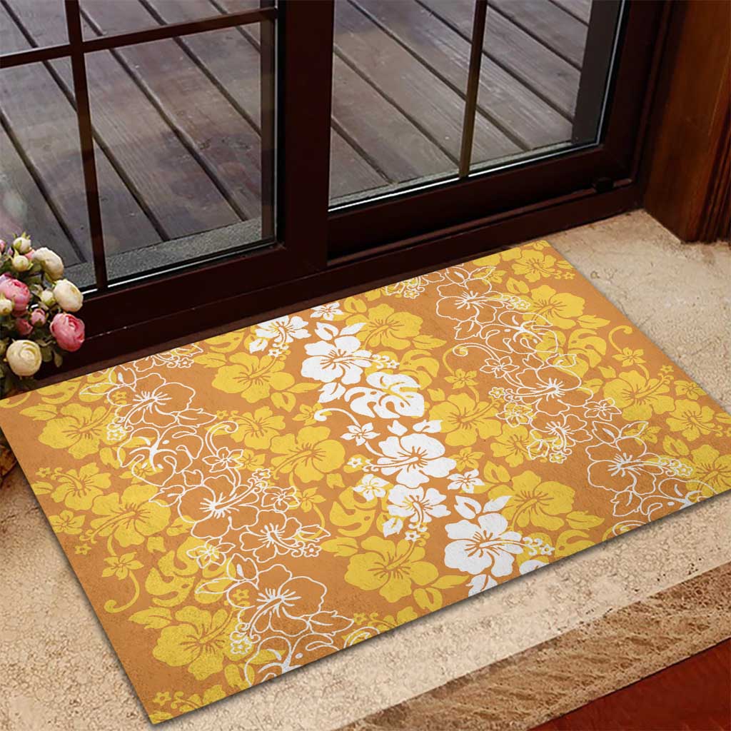 Hawaiian Lei Day Rubber Doormat Gold Hibiscus Flowers Lei Art