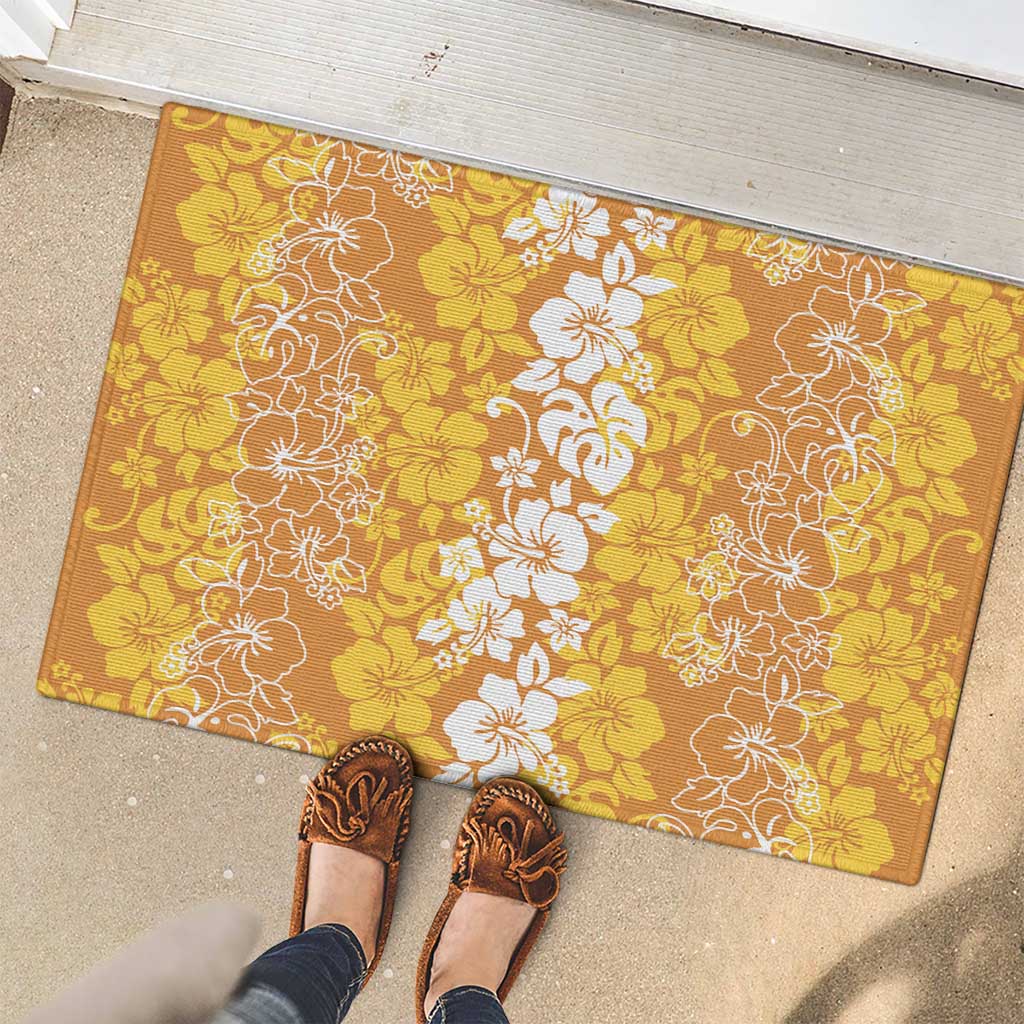 Hawaiian Lei Day Rubber Doormat Gold Hibiscus Flowers Lei Art