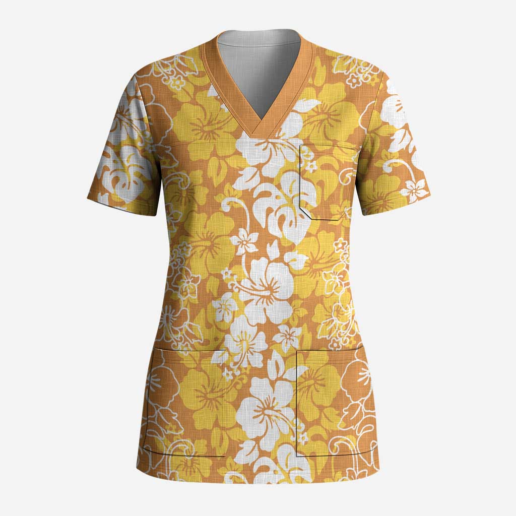 Hawaiian Lei Day Scrub Top Gold Hibiscus Flowers Lei Art - Polynesian Pride