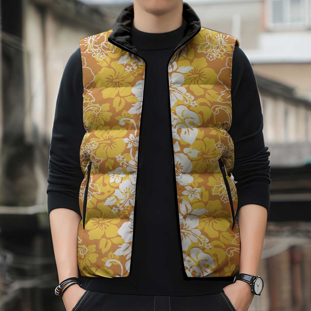 Hawaiian Lei Day Sleeveless Puffer Jacket Gold Hibiscus Flowers Lei Art - Polynesian Pride
