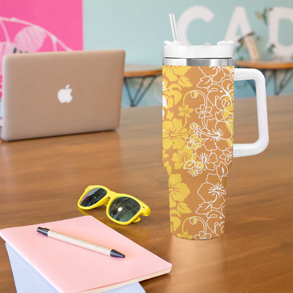 Hawaiian Lei Day Tumbler With Handle Gold Hibiscus Flowers Lei Art
