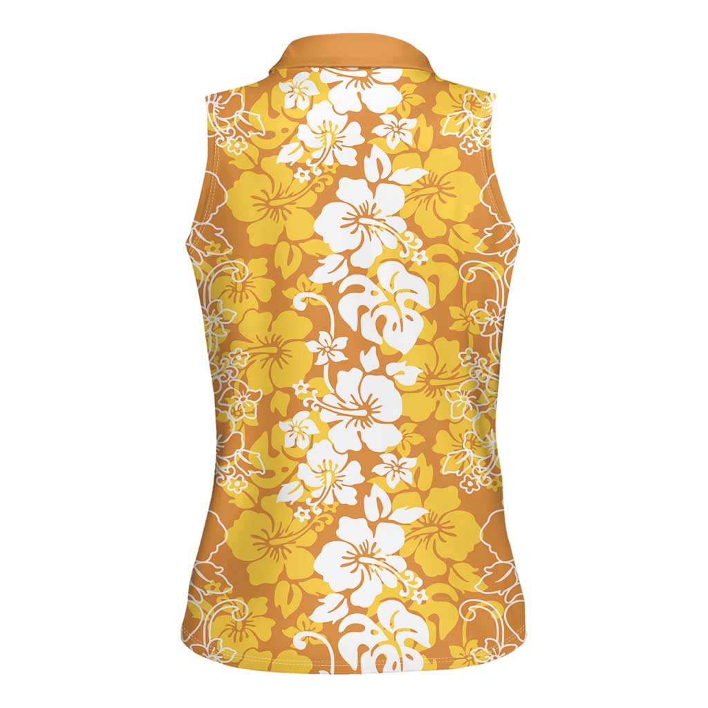 Hawaiian Lei Day Women Sleeveless Polo Shirt Gold Hibiscus Flowers Lei Art