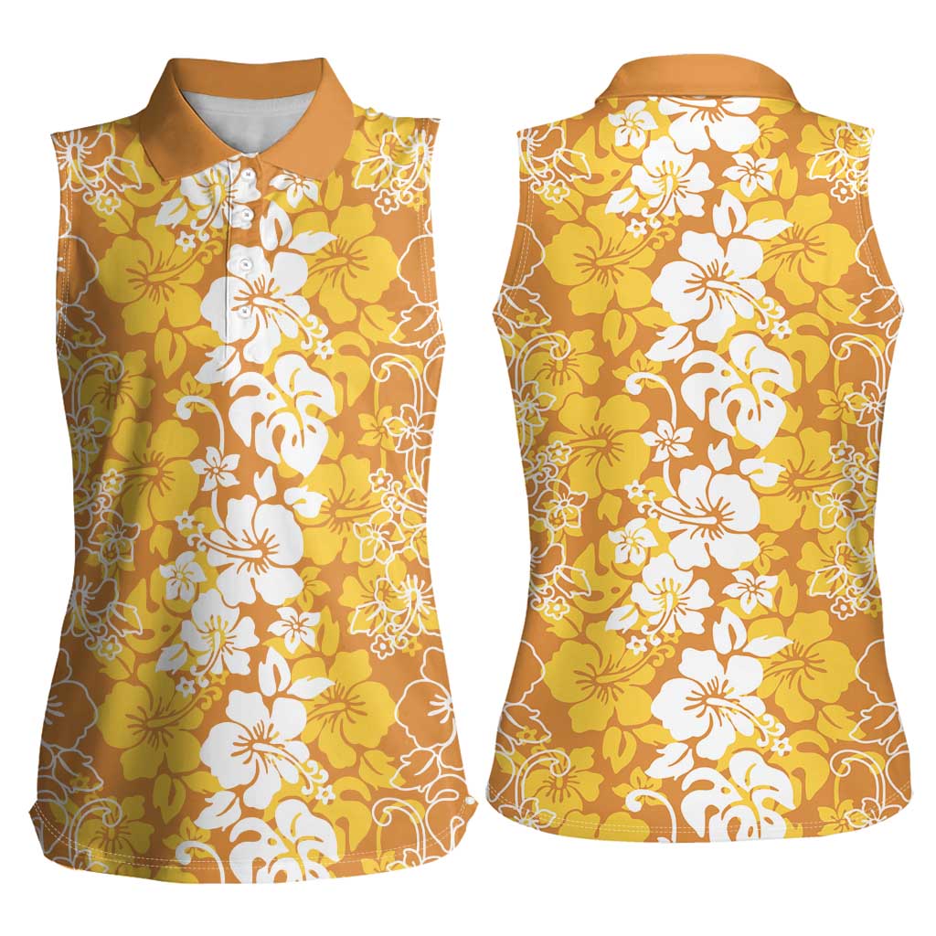 Hawaiian Lei Day Women Sleeveless Polo Shirt Gold Hibiscus Flowers Lei Art