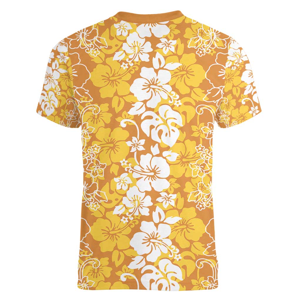 Hawaiian Lei Day Women V-Neck T-Shirt Gold Hibiscus Flowers Lei Art