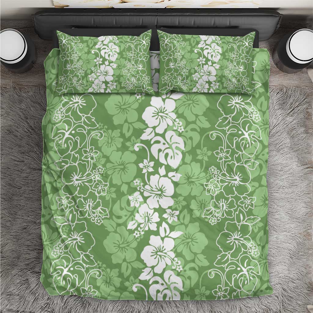 Hawaiian Lei Day Bedding Set Green Hibiscus Flowers Lei Art
