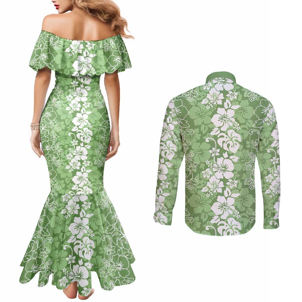 Hawaiian Lei Day Couples Matching Mermaid Dress and Long Sleeve Button Shirt Green Hibiscus Flowers Lei Art
