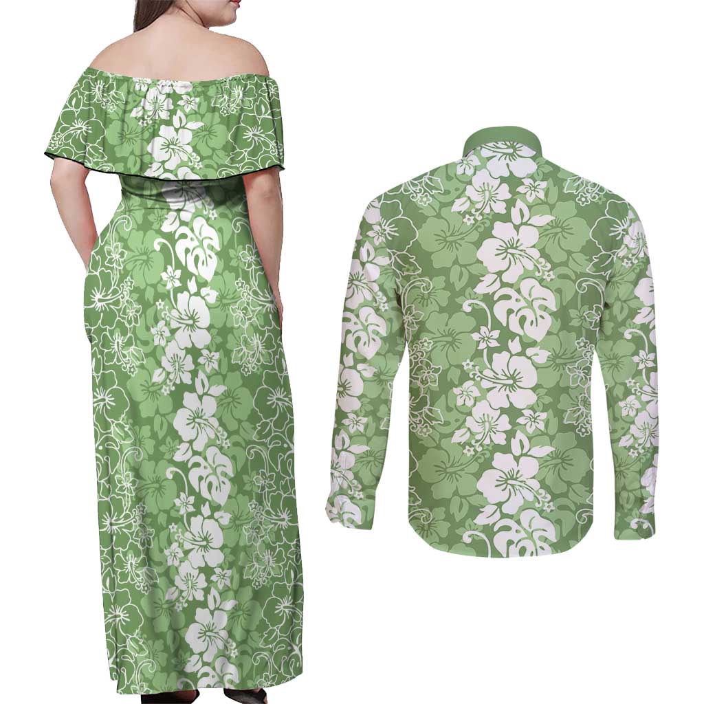 Hawaiian Lei Day Couples Matching Off Shoulder Maxi Dress and Long Sleeve Button Shirt Green Hibiscus Flowers Lei Art
