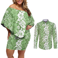Hawaiian Lei Day Couples Matching Off Shoulder Short Dress and Long Sleeve Button Shirt Green Hibiscus Flowers Lei Art