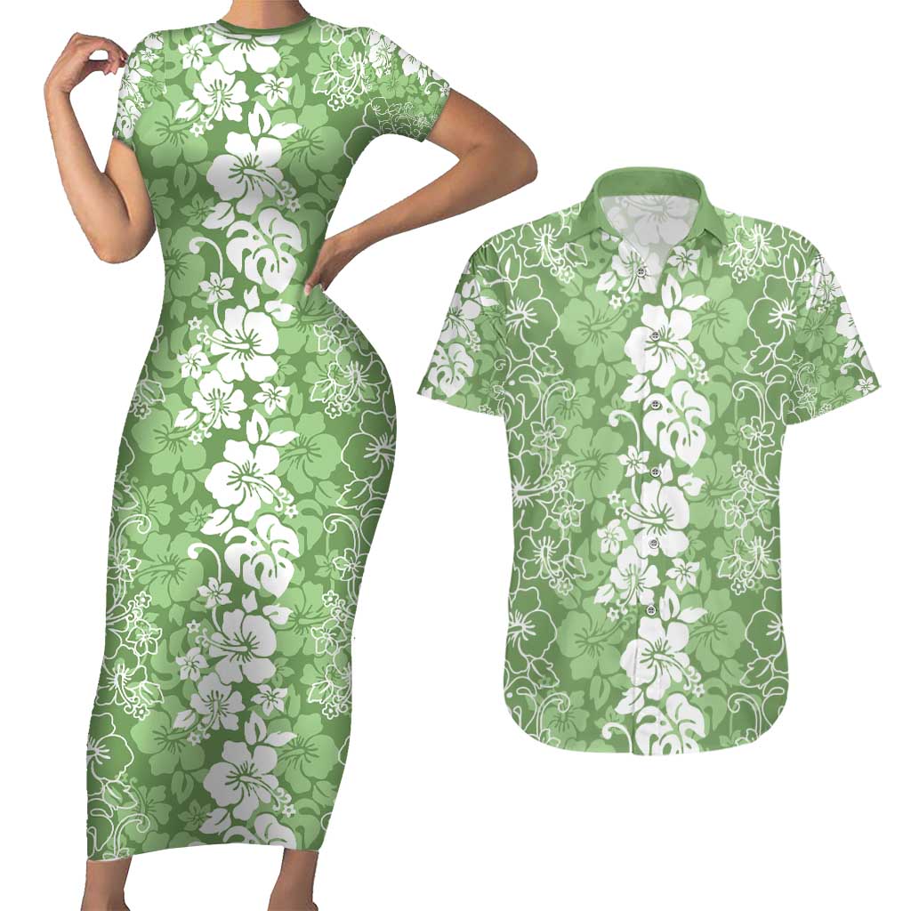 Hawaiian Lei Day Couples Matching Short Sleeve Bodycon Dress and Hawaiian Shirt Green Hibiscus Flowers Lei Art