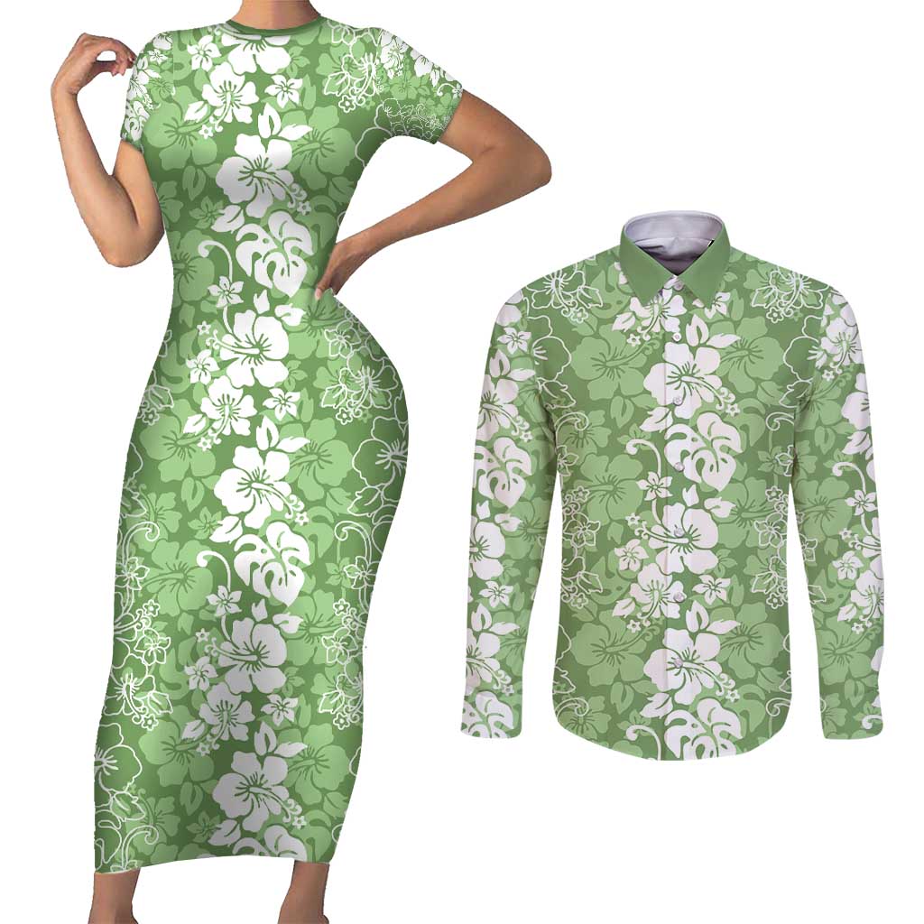Hawaiian Lei Day Couples Matching Short Sleeve Bodycon Dress and Long Sleeve Button Shirt Green Hibiscus Flowers Lei Art