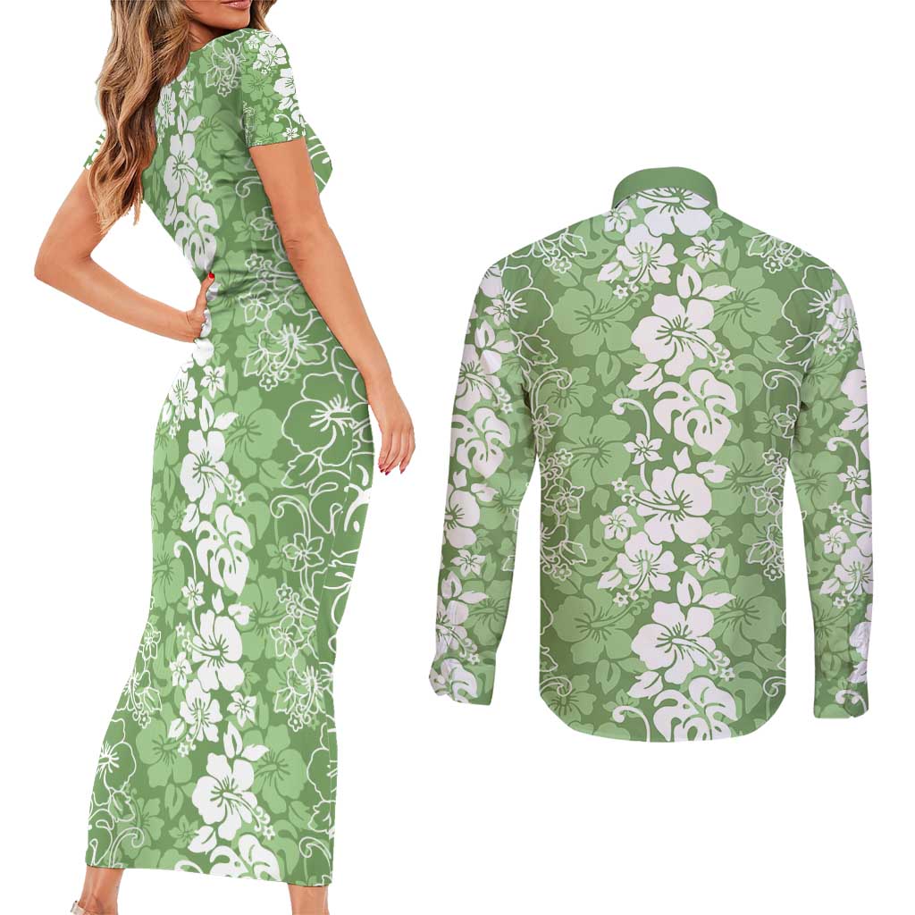 Hawaiian Lei Day Couples Matching Short Sleeve Bodycon Dress and Long Sleeve Button Shirt Green Hibiscus Flowers Lei Art