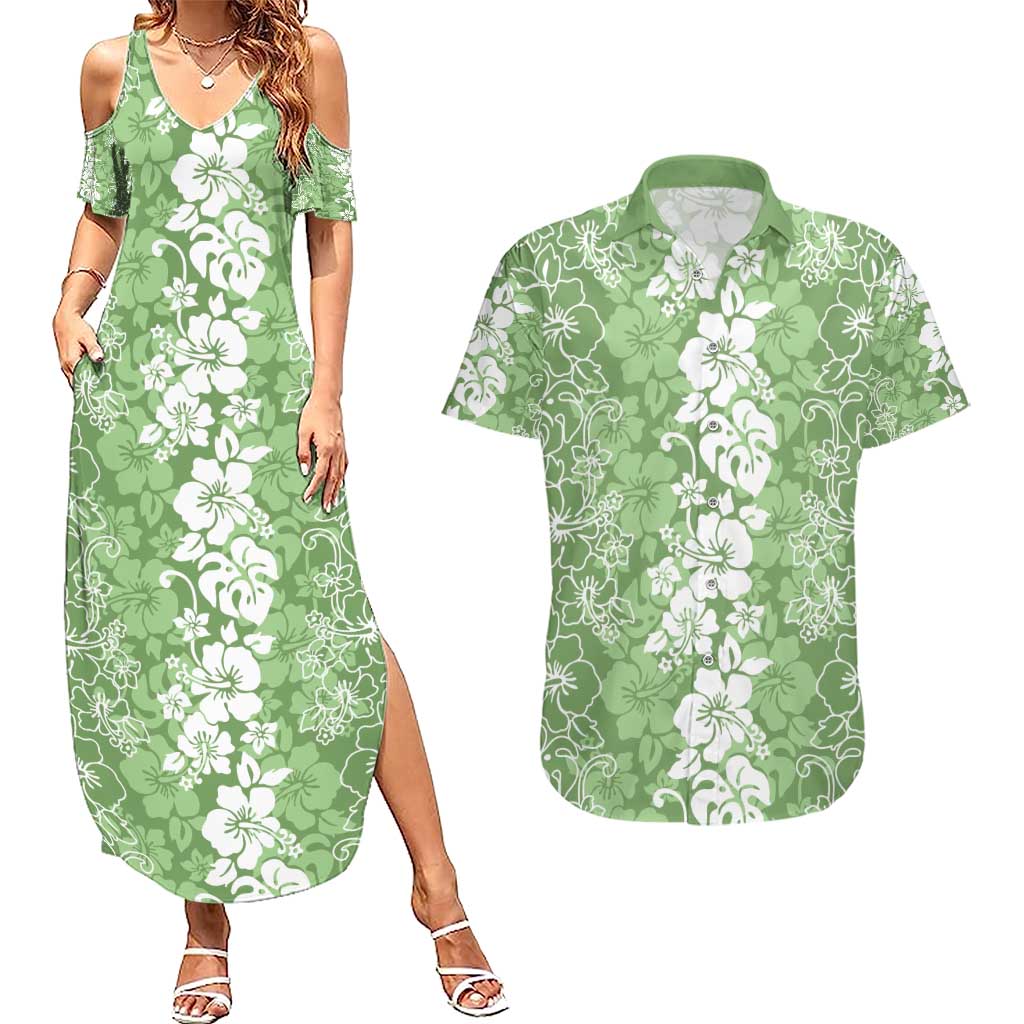 Hawaiian Lei Day Couples Matching Summer Maxi Dress and Hawaiian Shirt Green Hibiscus Flowers Lei Art