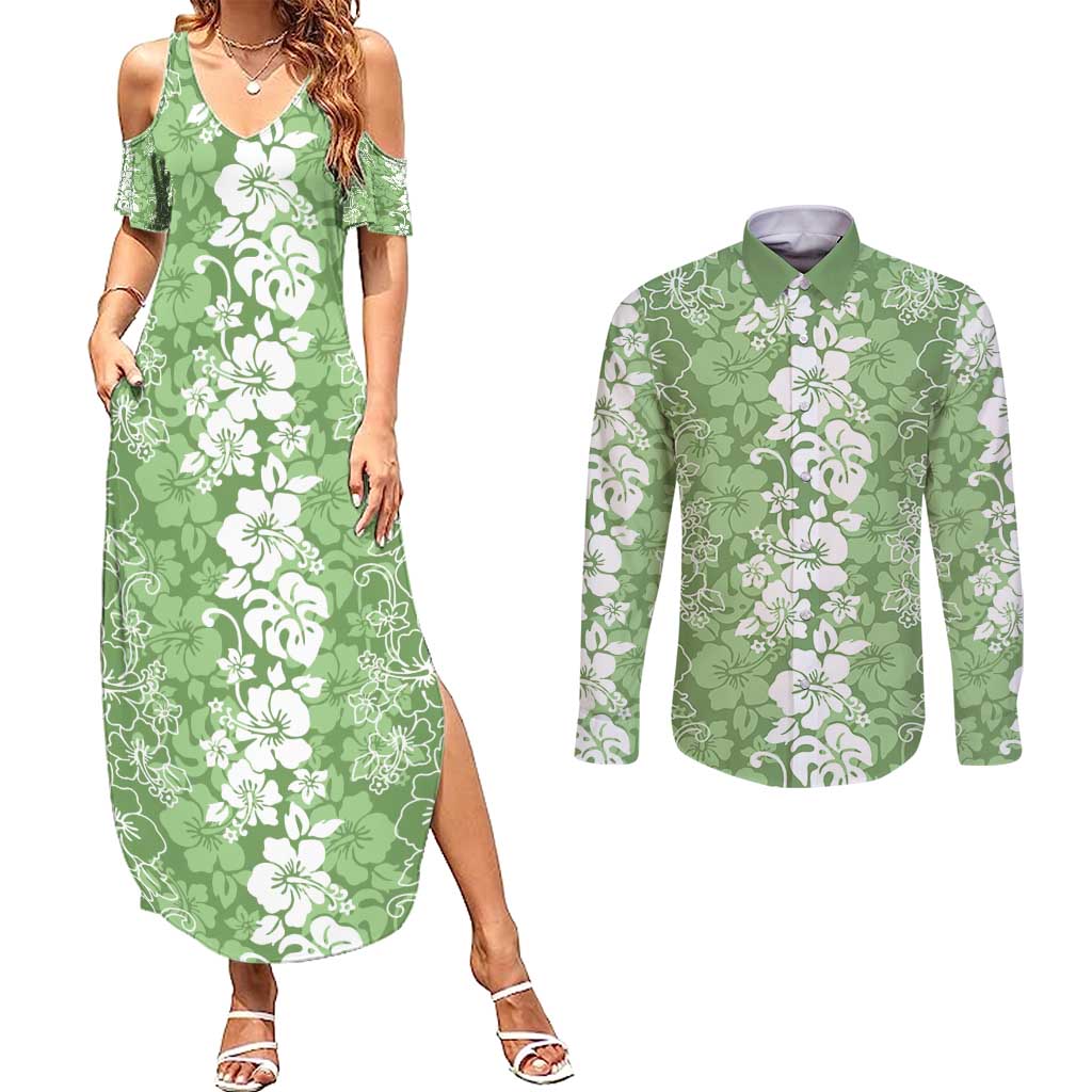 Hawaiian Lei Day Couples Matching Summer Maxi Dress and Long Sleeve Button Shirt Green Hibiscus Flowers Lei Art