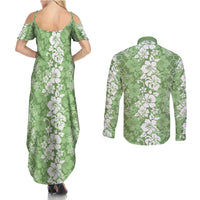 Hawaiian Lei Day Couples Matching Summer Maxi Dress and Long Sleeve Button Shirt Green Hibiscus Flowers Lei Art