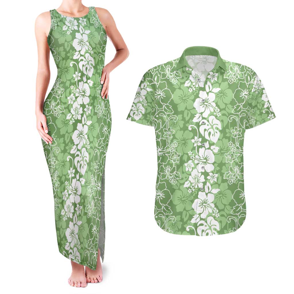 Hawaiian Lei Day Couples Matching Tank Maxi Dress and Hawaiian Shirt Green Hibiscus Flowers Lei Art