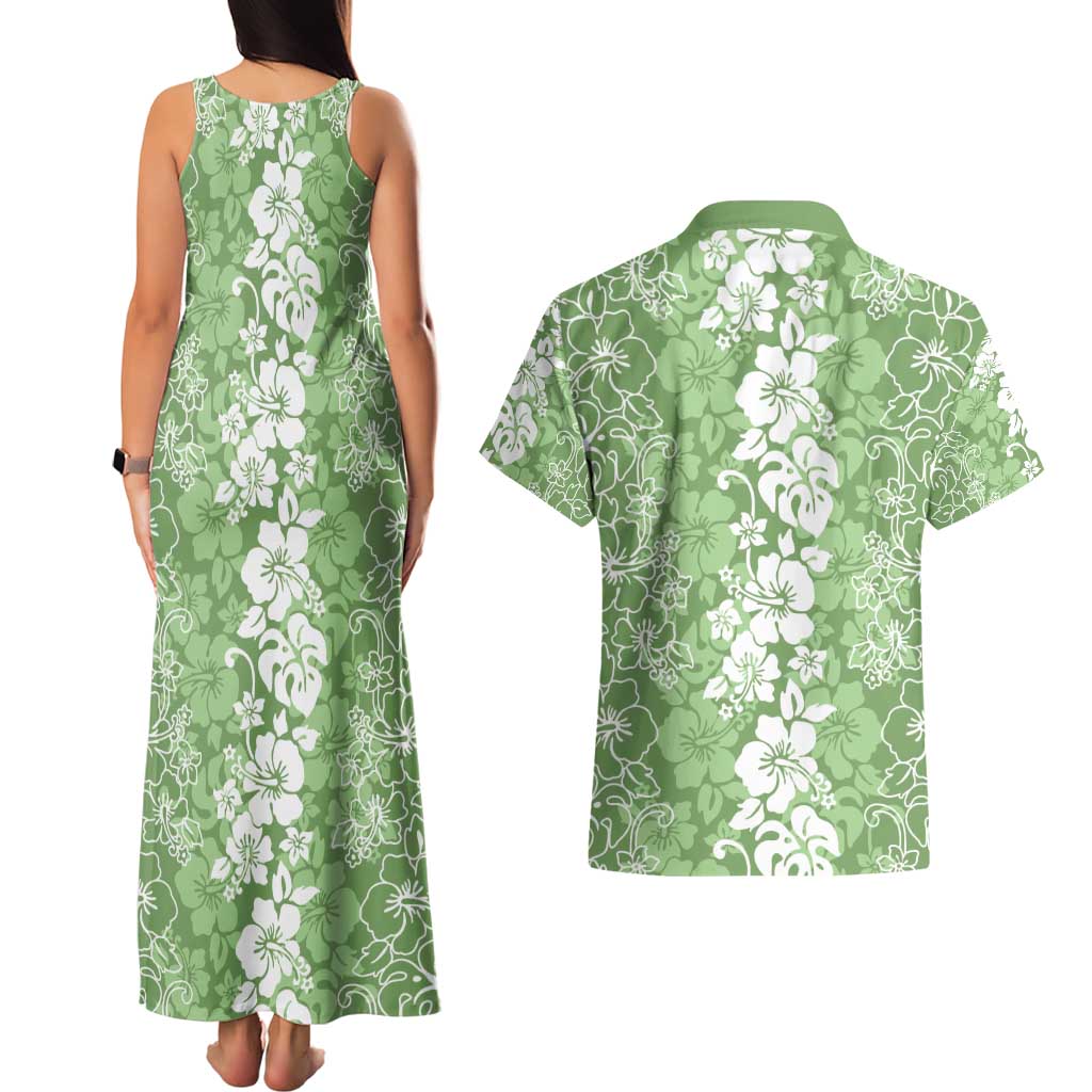 Hawaiian Lei Day Couples Matching Tank Maxi Dress and Hawaiian Shirt Green Hibiscus Flowers Lei Art