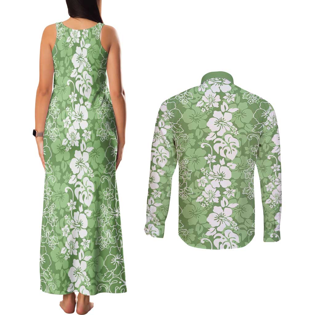 Hawaiian Lei Day Couples Matching Tank Maxi Dress and Long Sleeve Button Shirt Green Hibiscus Flowers Lei Art