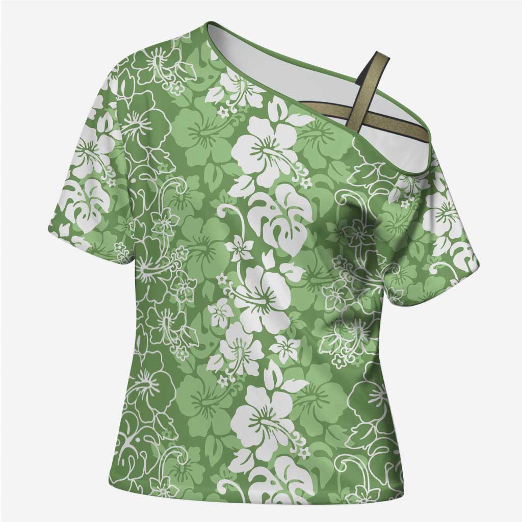 Hawaiian Lei Day Cross Shoulder Shirt Green Hibiscus Flowers Lei Art - Polynesian Pride