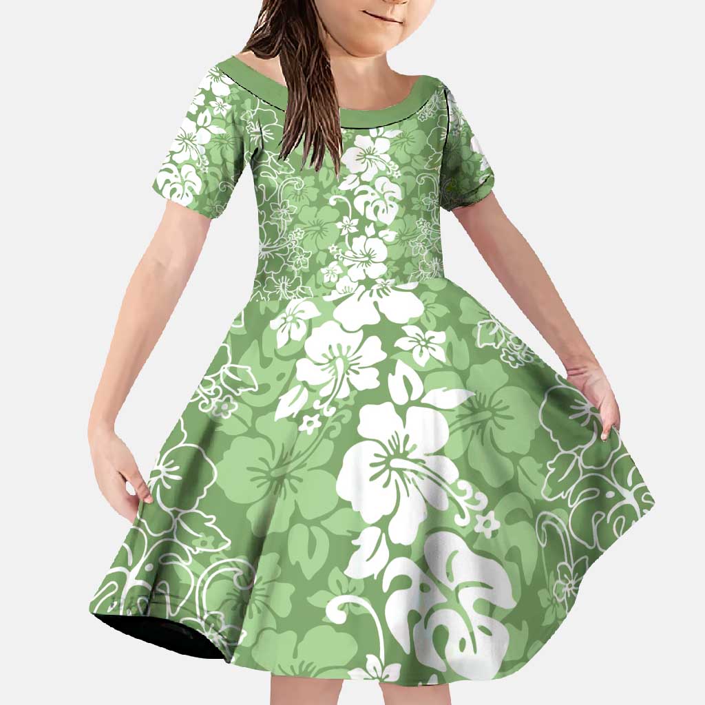 Hawaiian Lei Day Family Matching Long Sleeve Bodycon Dress and Hawaiian Shirt Green Hibiscus Flowers Lei Art