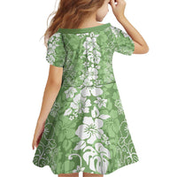 Hawaiian Lei Day Family Matching Long Sleeve Bodycon Dress and Hawaiian Shirt Green Hibiscus Flowers Lei Art