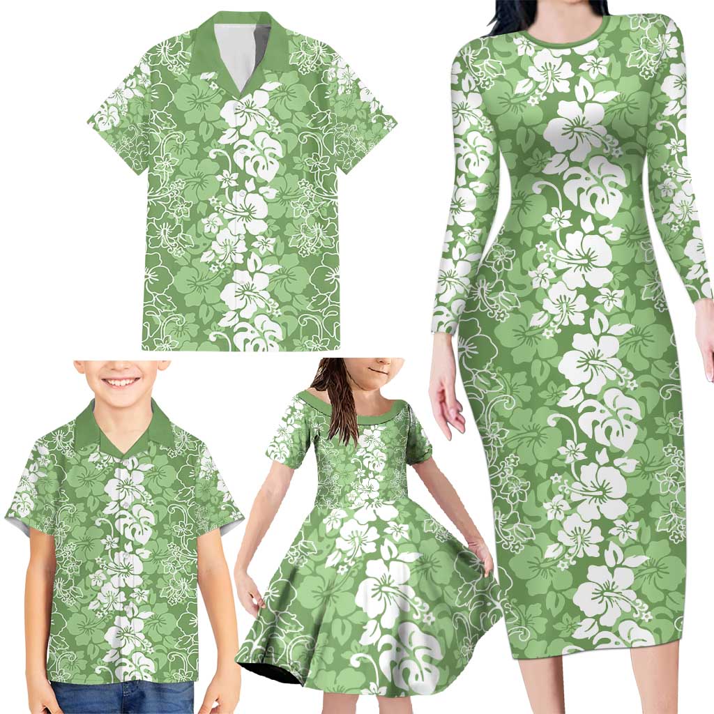 Hawaiian Lei Day Family Matching Long Sleeve Bodycon Dress and Hawaiian Shirt Green Hibiscus Flowers Lei Art