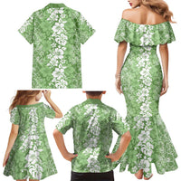 Hawaiian Lei Day Family Matching Mermaid Dress and Hawaiian Shirt Green Hibiscus Flowers Lei Art