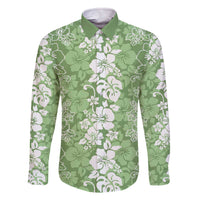 Hawaiian Lei Day Family Matching Off The Shoulder Long Sleeve Dress and Hawaiian Shirt Green Hibiscus Flowers Lei Art