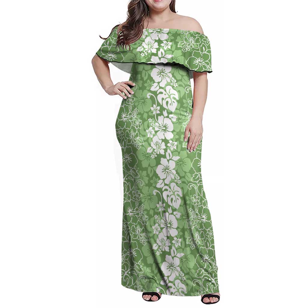 Hawaiian Lei Day Family Matching Off Shoulder Maxi Dress and Hawaiian Shirt Green Hibiscus Flowers Lei Art