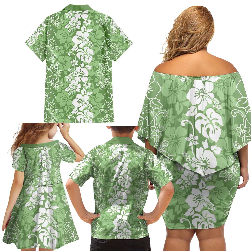 Hawaiian Lei Day Family Matching Off Shoulder Short Dress and Hawaiian Shirt Green Hibiscus Flowers Lei Art