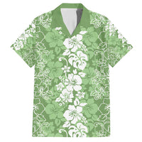 Hawaiian Lei Day Family Matching Off Shoulder Short Dress and Hawaiian Shirt Green Hibiscus Flowers Lei Art