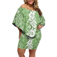 Hawaiian Lei Day Family Matching Off Shoulder Short Dress and Hawaiian Shirt Green Hibiscus Flowers Lei Art
