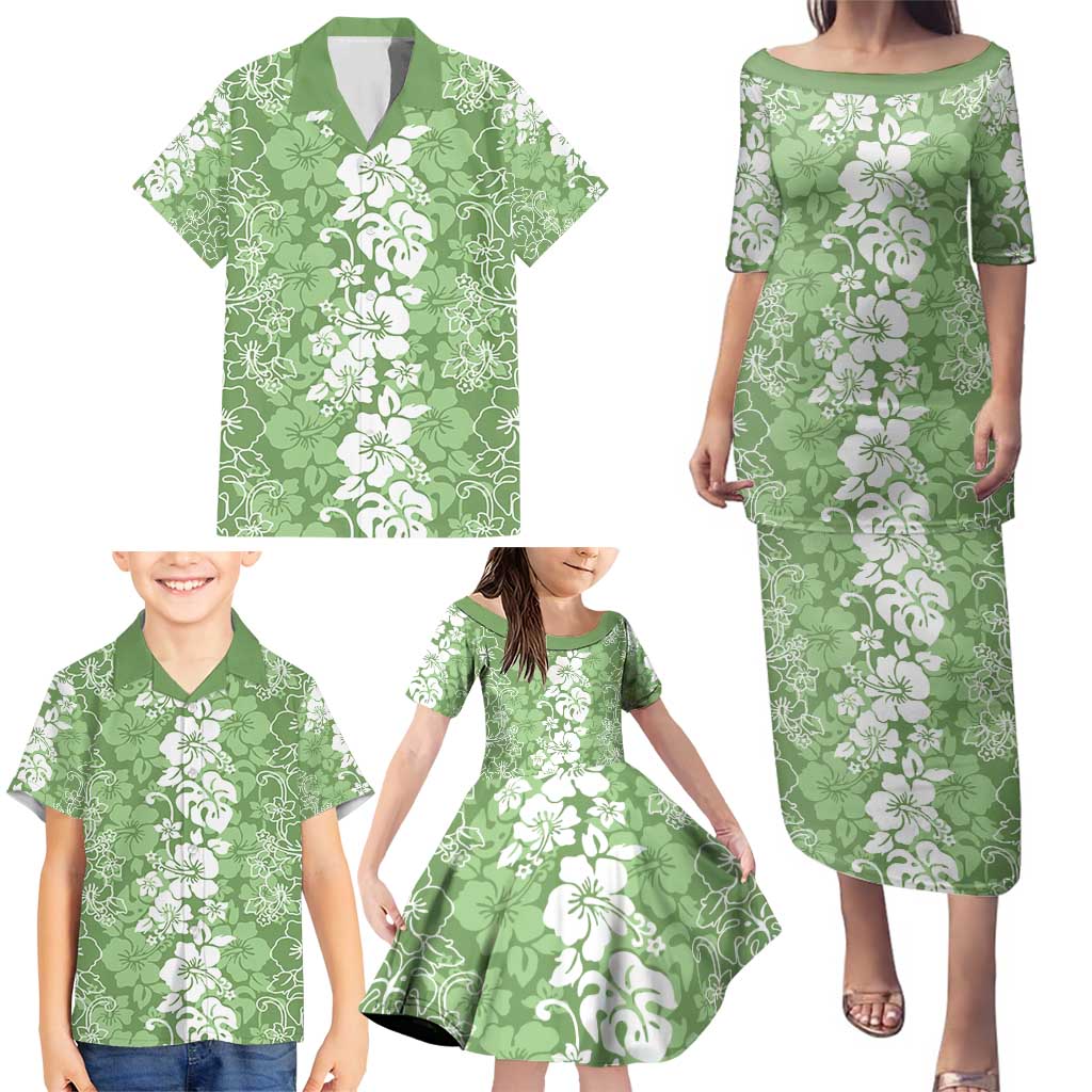 Hawaiian Lei Day Family Matching Puletasi and Hawaiian Shirt Green Hibiscus Flowers Lei Art