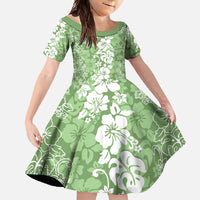 Hawaiian Lei Day Family Matching Short Sleeve Bodycon Dress and Hawaiian Shirt Green Hibiscus Flowers Lei Art