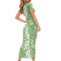Hawaiian Lei Day Family Matching Short Sleeve Bodycon Dress and Hawaiian Shirt Green Hibiscus Flowers Lei Art