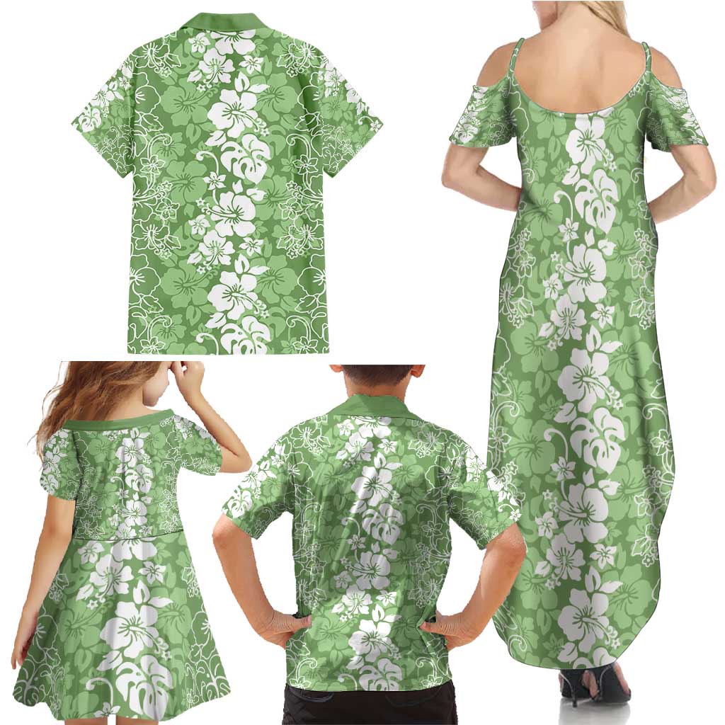 Hawaiian Lei Day Family Matching Summer Maxi Dress and Hawaiian Shirt Green Hibiscus Flowers Lei Art
