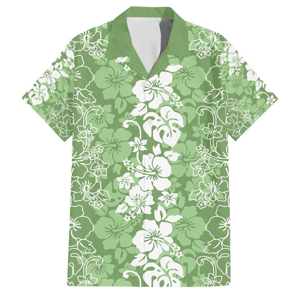 Hawaiian Lei Day Family Matching Tank Maxi Dress and Hawaiian Shirt Green Hibiscus Flowers Lei Art