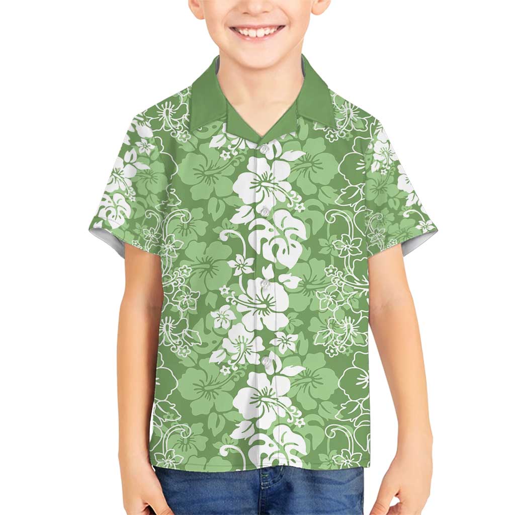 Hawaiian Lei Day Family Matching Tank Maxi Dress and Hawaiian Shirt Green Hibiscus Flowers Lei Art