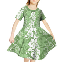 Hawaiian Lei Day Kid Short Sleeve Dress Green Hibiscus Flowers Lei Art