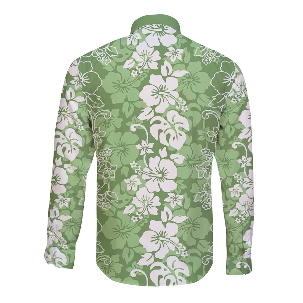 Hawaiian Lei Day Long Sleeve Button Shirt Green Hibiscus Flowers Lei Art LT9 - Polynesian Pride