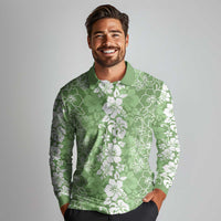 Hawaiian Lei Day Long Sleeve Polo Shirt Green Hibiscus Flowers Lei Art
