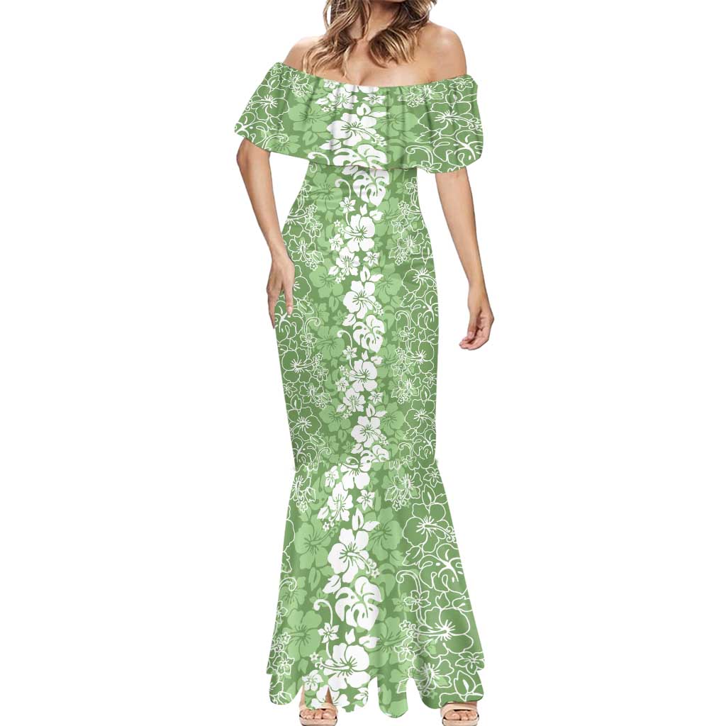 Hawaiian Lei Day Mermaid Dress Green Hibiscus Flowers Lei Art