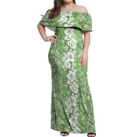 Hawaiian Lei Day Off Shoulder Maxi Dress Green Hibiscus Flowers Lei Art