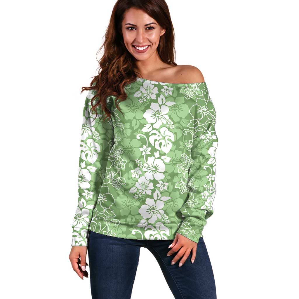 Hawaiian Lei Day Off Shoulder Sweater Green Hibiscus Flowers Lei Art