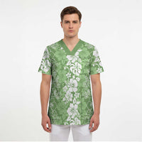 Hawaiian Lei Day Scrub Top Green Hibiscus Flowers Lei Art - Polynesian Pride