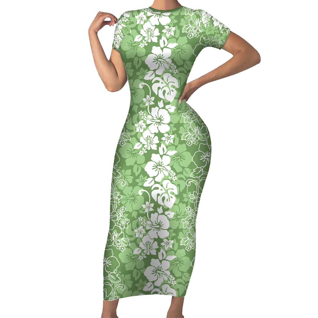 Hawaiian Lei Day Short Sleeve Bodycon Dress Green Hibiscus Flowers Lei Art  - Polynesian Pride