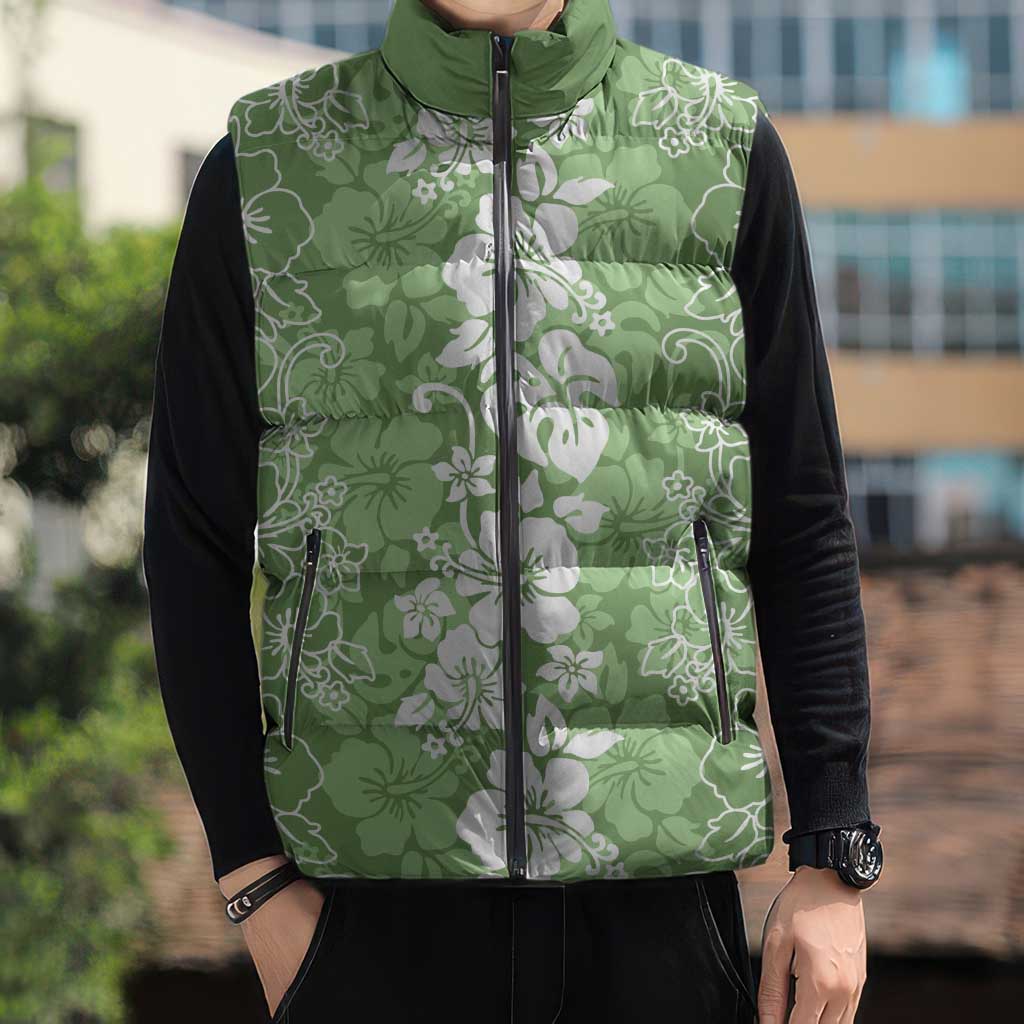 Hawaiian Lei Day Sleeveless Puffer Jacket Green Hibiscus Flowers Lei Art - Polynesian Pride